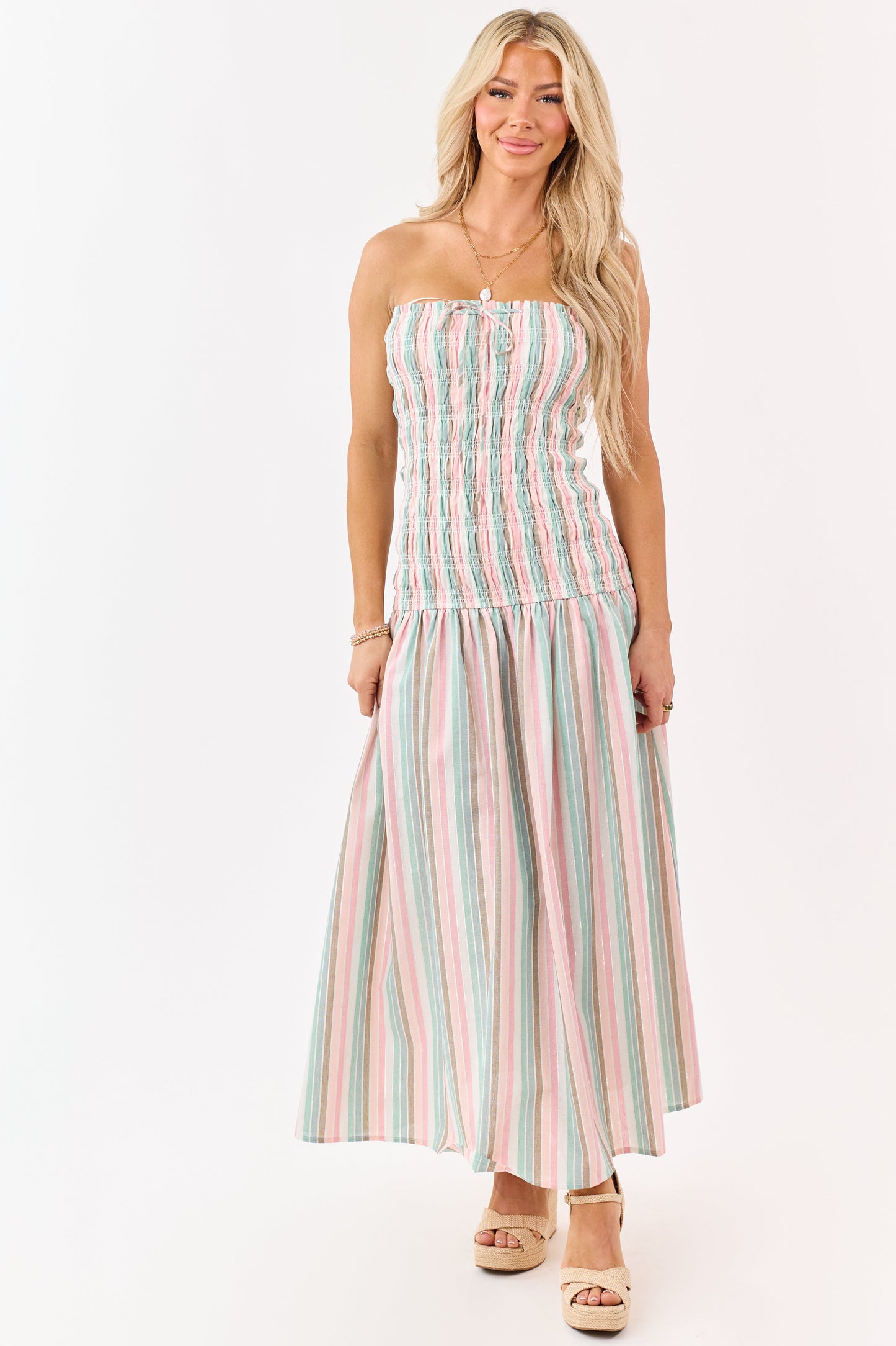 Baby Pink Striped Smocked Strapless Maxi Dress