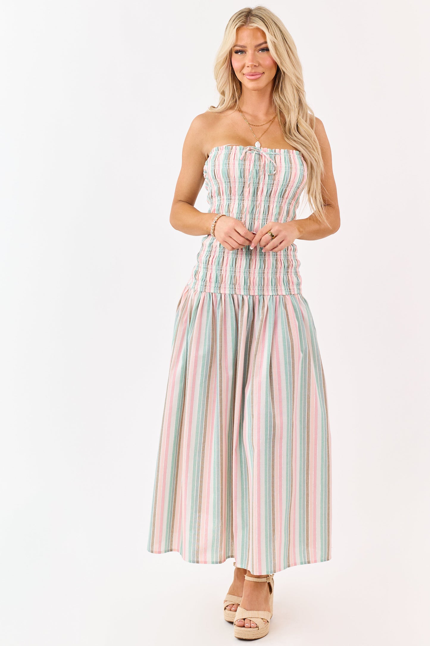 Baby Pink Striped Smocked Strapless Maxi Dress