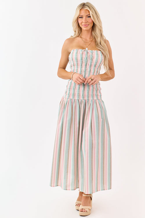 Baby Pink Striped Smocked Strapless Maxi Dress