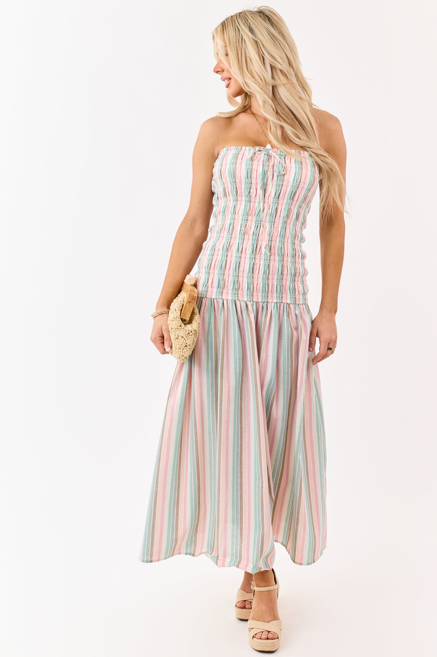 Baby Pink Striped Smocked Strapless Maxi Dress