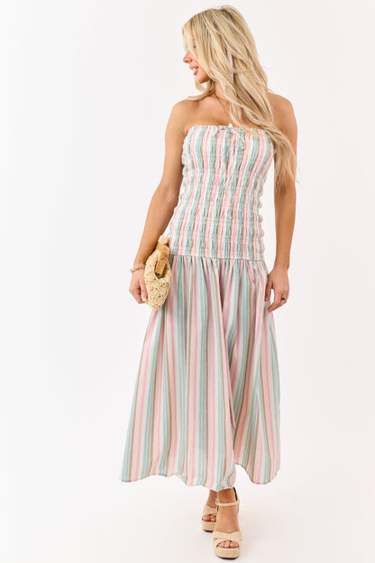 Baby Pink Striped Smocked Strapless Maxi Dress