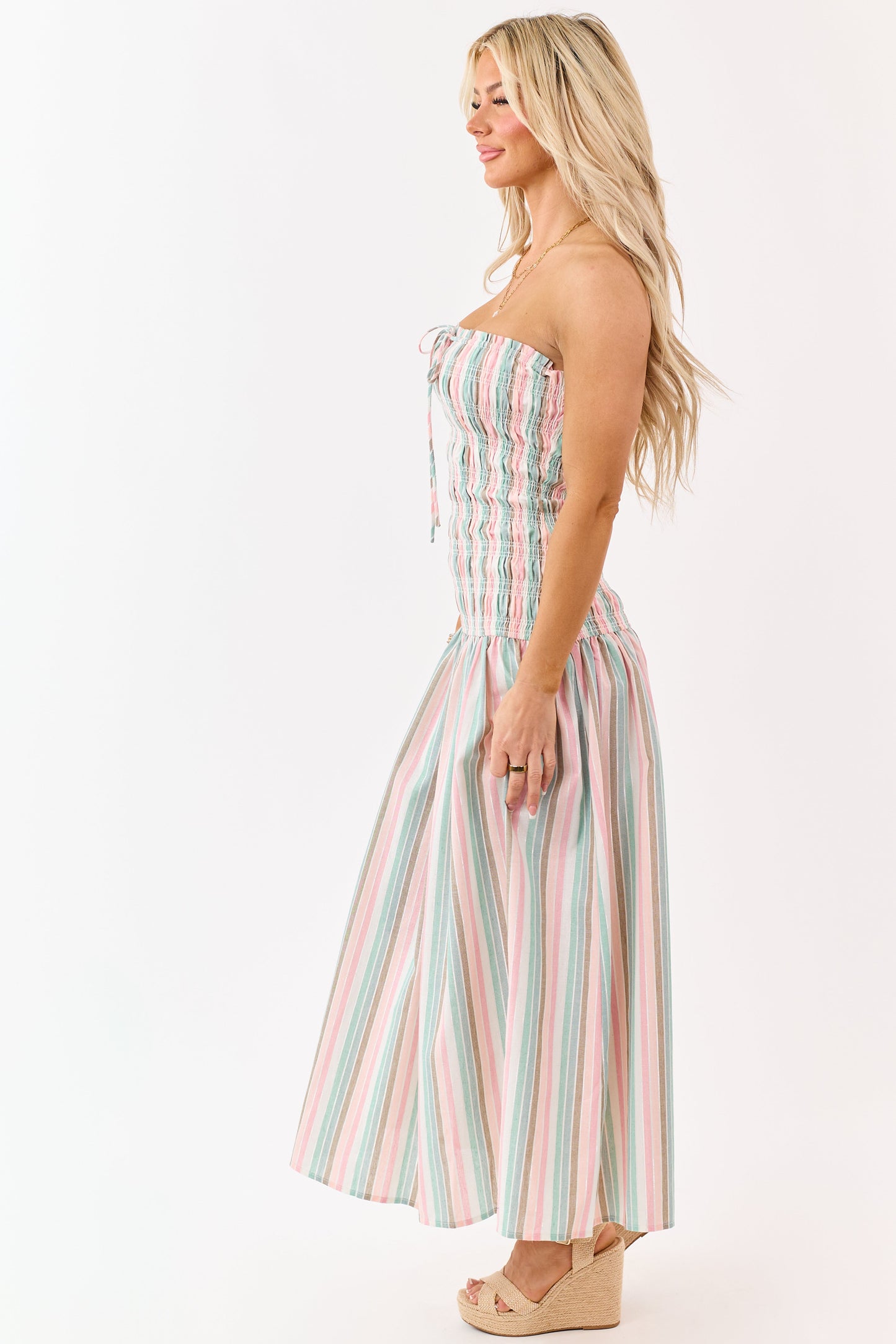 Baby Pink Striped Smocked Strapless Maxi Dress