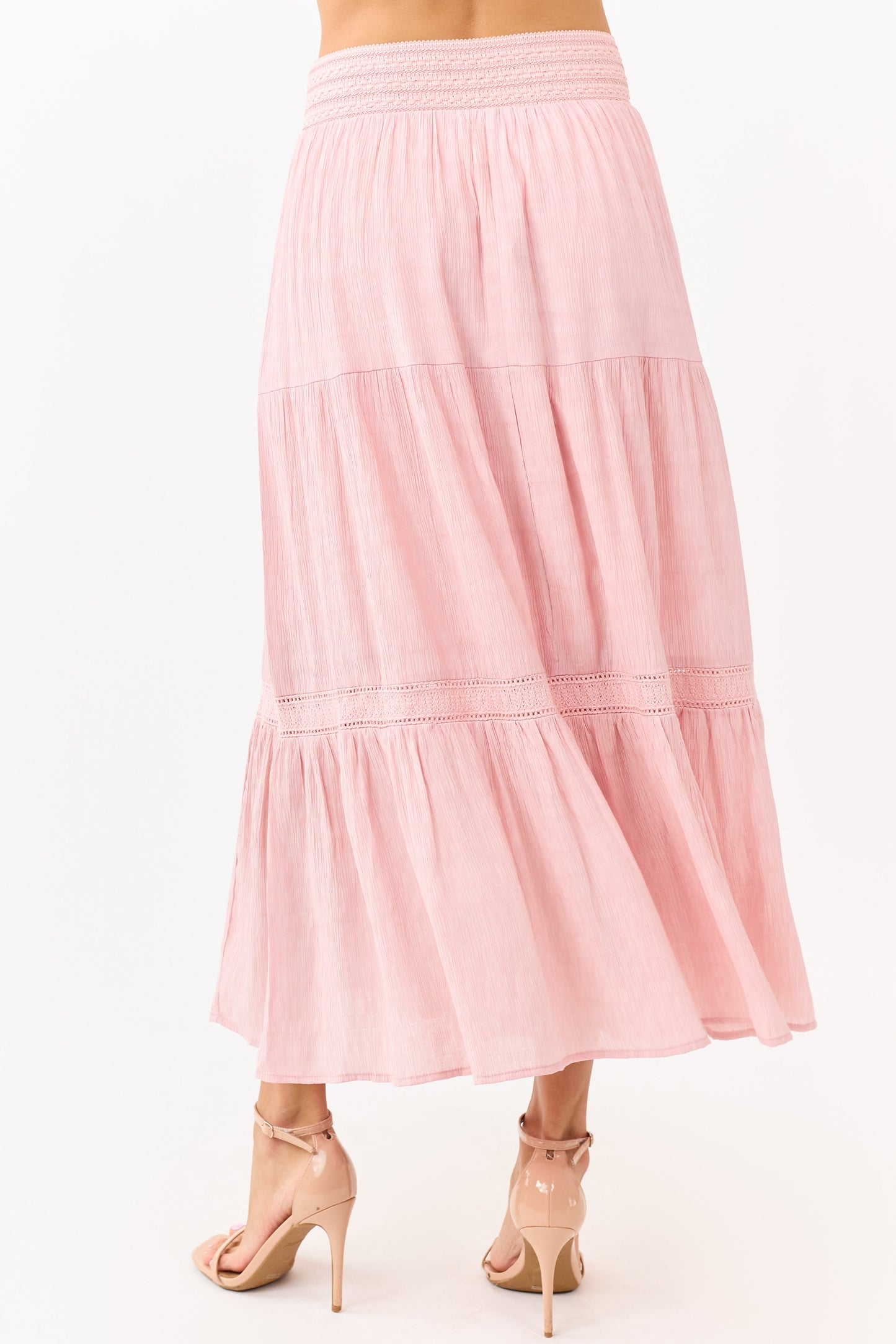 Baby Pink Tiered Smocked Waistband Midi Skirt
