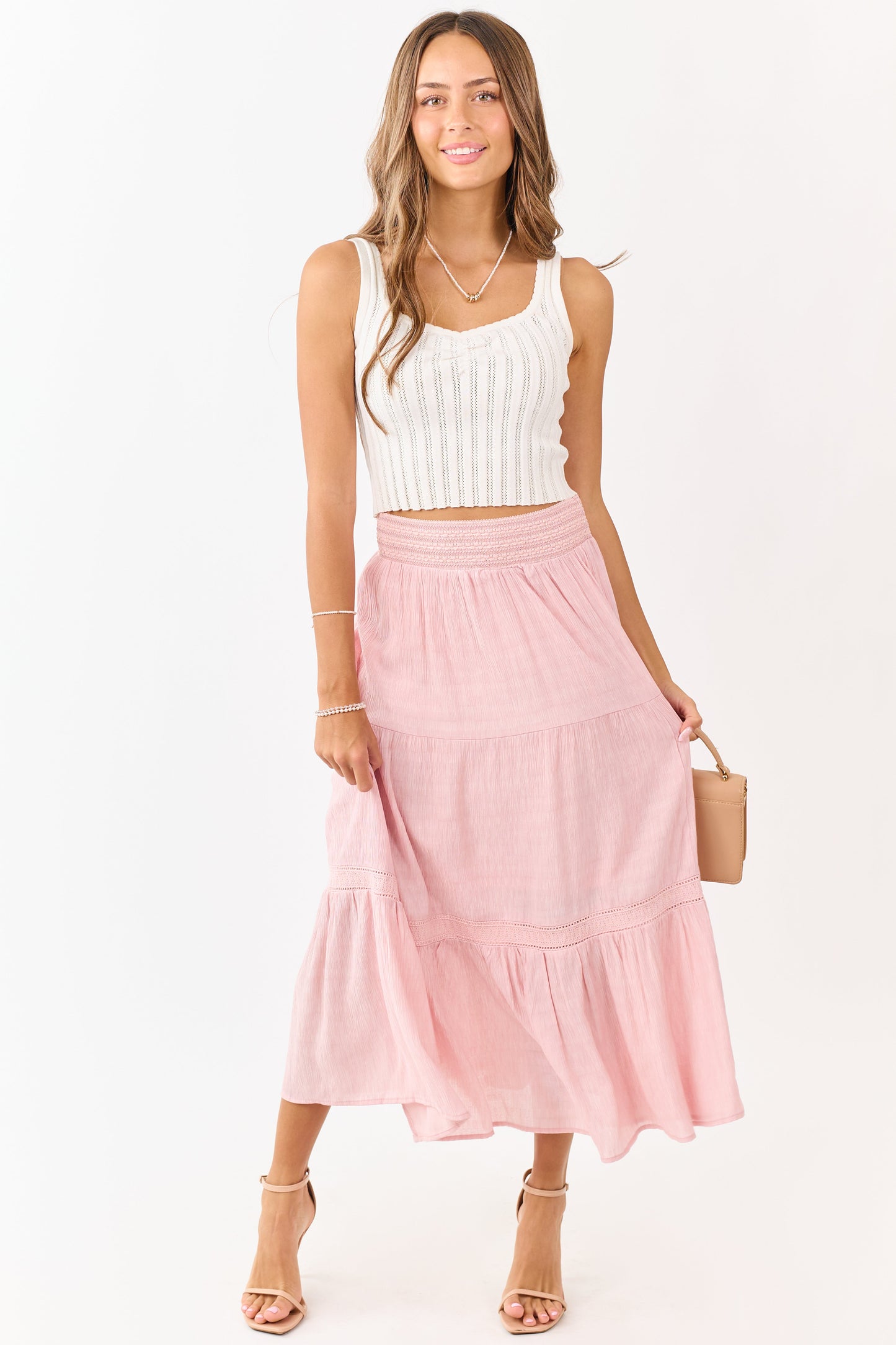 Baby Pink Tiered Smocked Waistband Midi Skirt