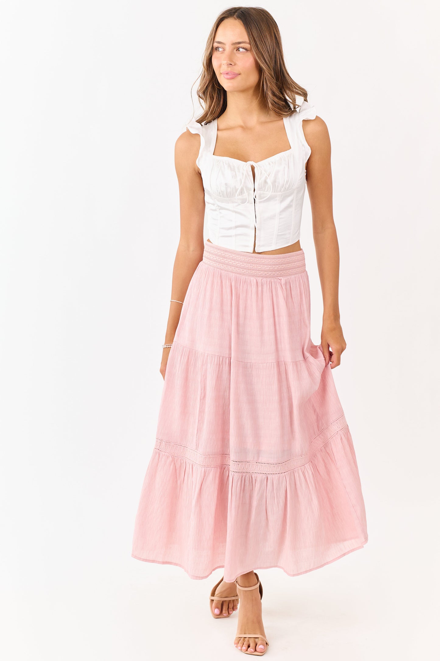 Baby Pink Tiered Smocked Waistband Midi Skirt