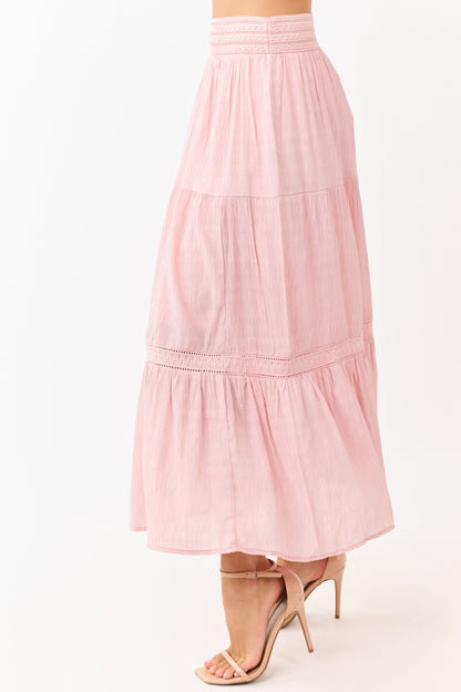 Baby Pink Tiered Smocked Waistband Midi Skirt