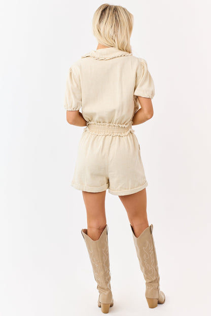 Beige Denim Smocked Waistband Buttoned Romper