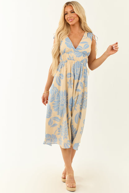 Beige Floral Print V Neck Sleeveless Midi Dress