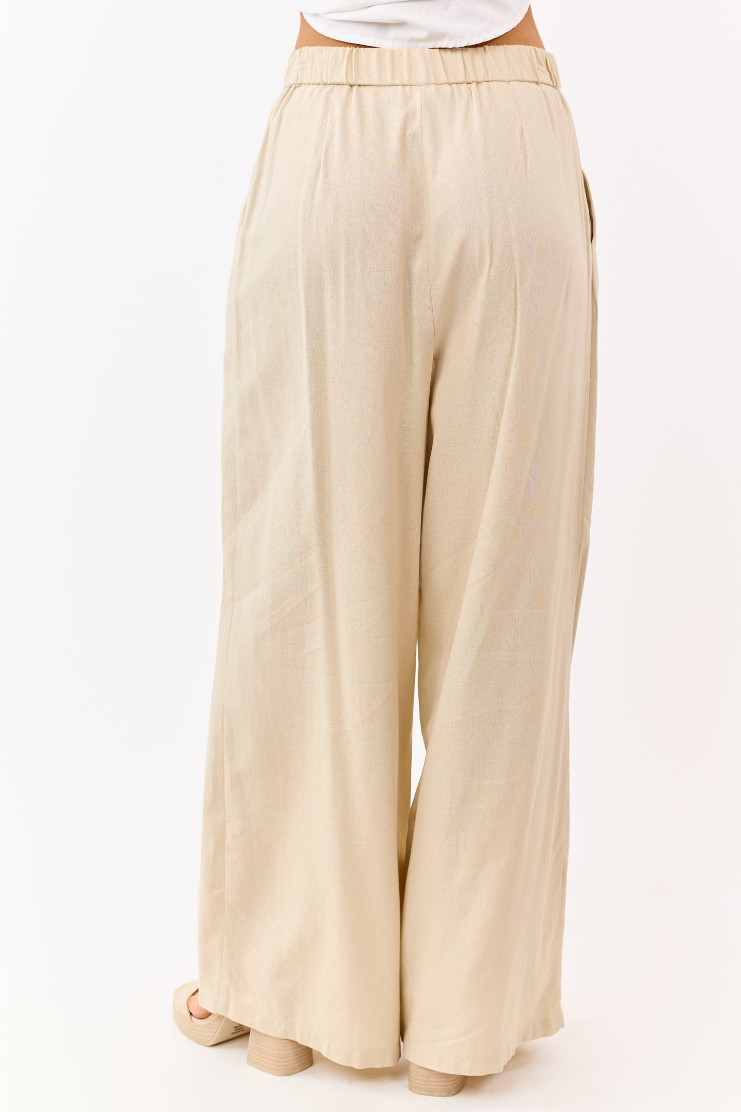 Beige Linen Blend Pleated Wide Leg Pants