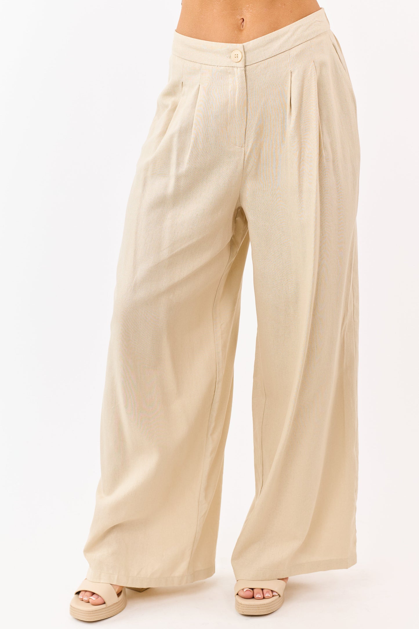 Beige Linen Blend Pleated Wide Leg Pants
