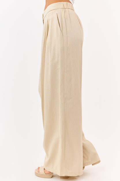 Beige Linen Blend Pleated Wide Leg Pants