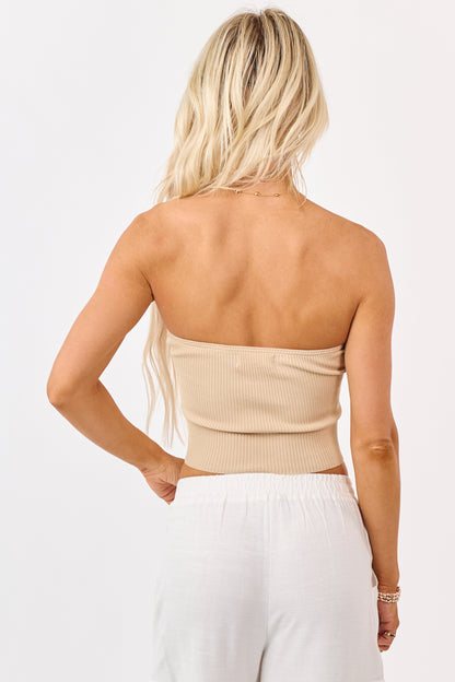 Beige Strapless Rib Knit Twist Bust Crop Top