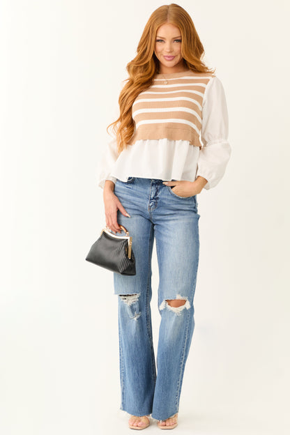 Beige Striped Sweater Vest with Long Sleeve Top