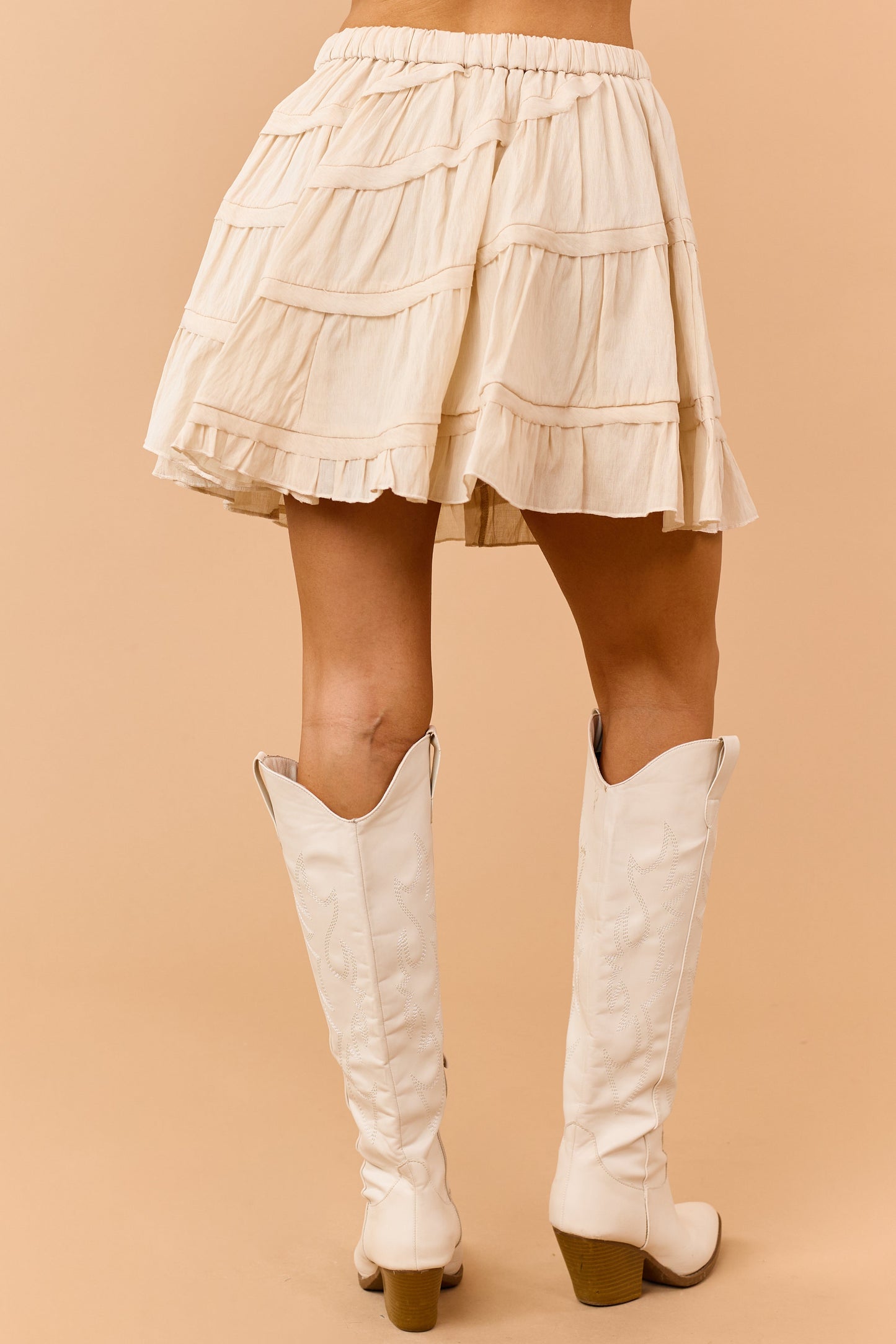 Beige Tiered Diagonal Seam Elastic Waist Mini Skort