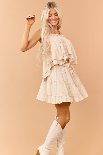 Beige Tiered Diagonal Seam Elastic Waist Mini Skort