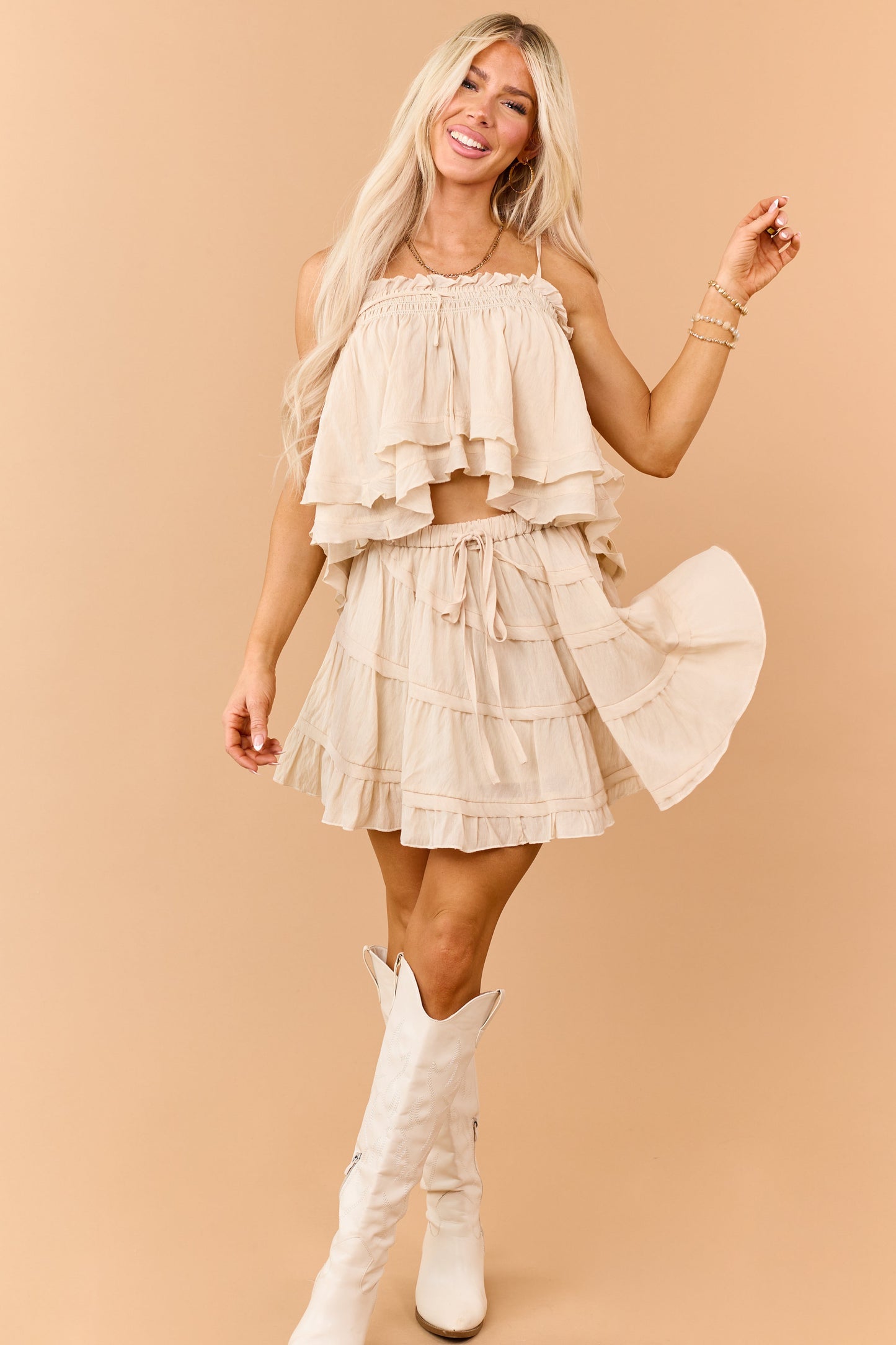 Beige Tiered Diagonal Seam Elastic Waist Mini Skort