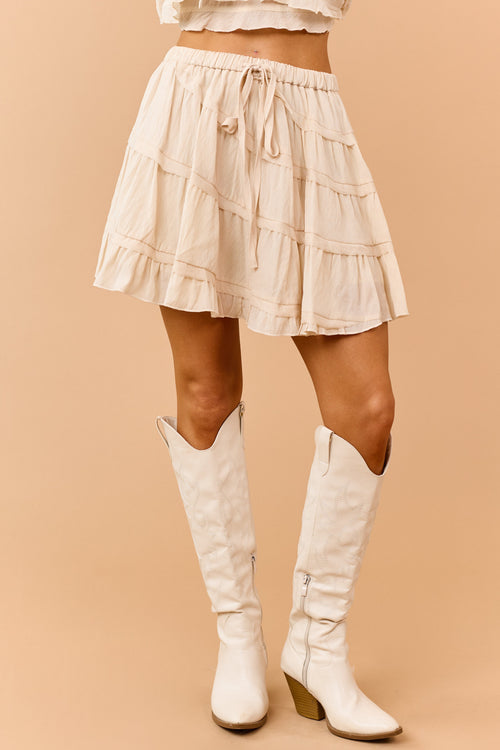 Beige Tiered Diagonal Seam Elastic Waist Mini Skort