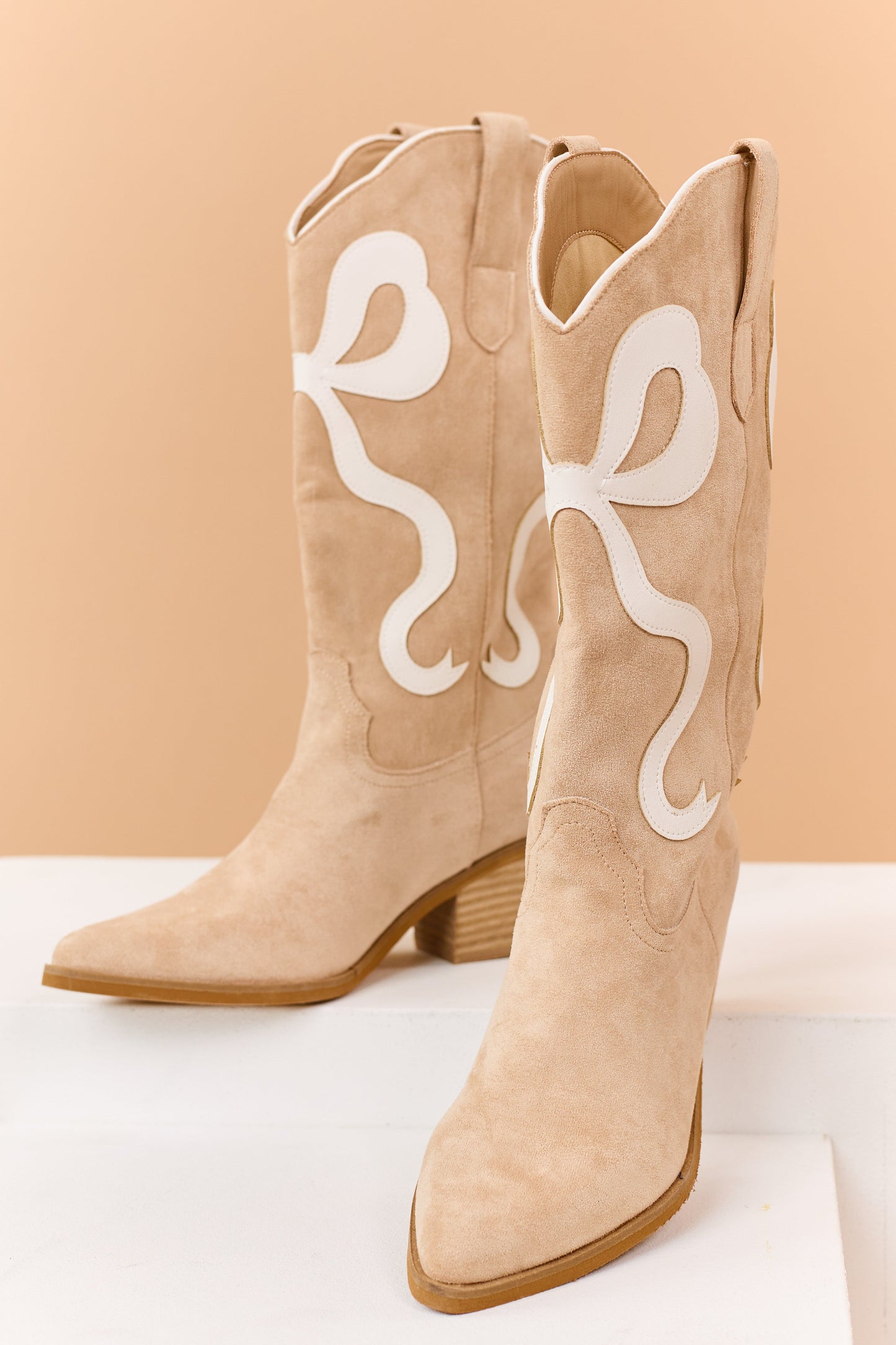 Beige Faux Suede Contrast Bow Western Boots