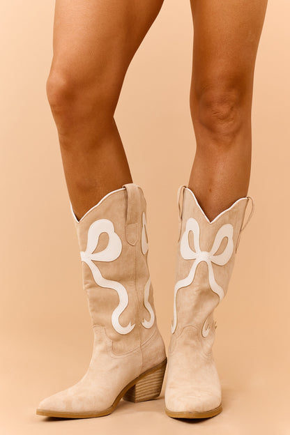 Beige Faux Suede Contrast Bow Western Boots
