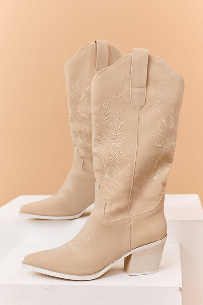 Beige Faux Suede Floral Embroidered Western Boots