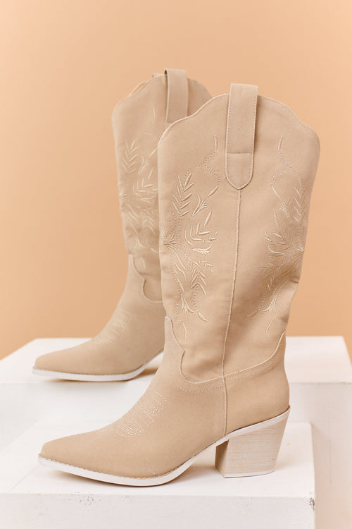 Beige Faux Suede Floral Embroidered Western Boots