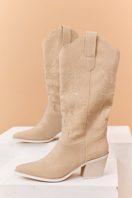 Beige Faux Suede Floral Embroidered Western Boots