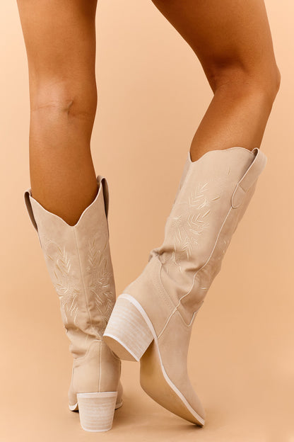 Beige Faux Suede Floral Embroidered Western Boots