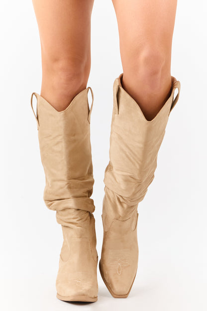 Beige Microsuede Western Style Slouch Tall Boots