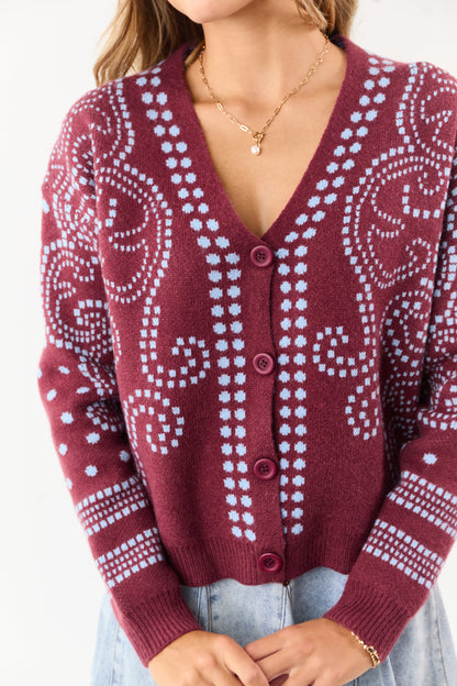 Berry Dot Art Damask Button Down Sweater Cardigan