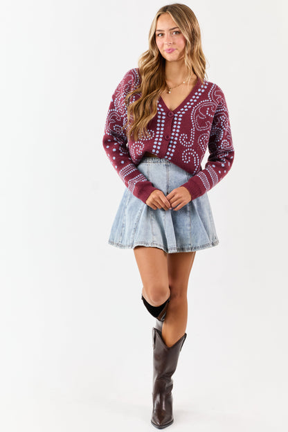 Berry Dot Art Damask Button Down Sweater Cardigan
