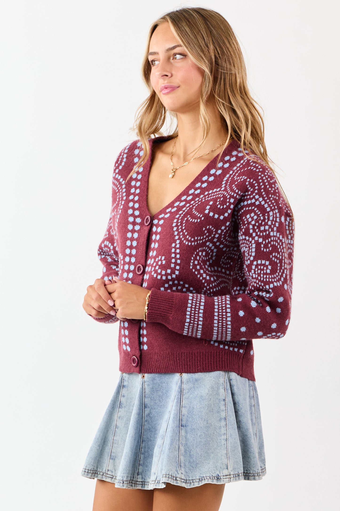 Berry Dot Art Damask Button Down Sweater Cardigan