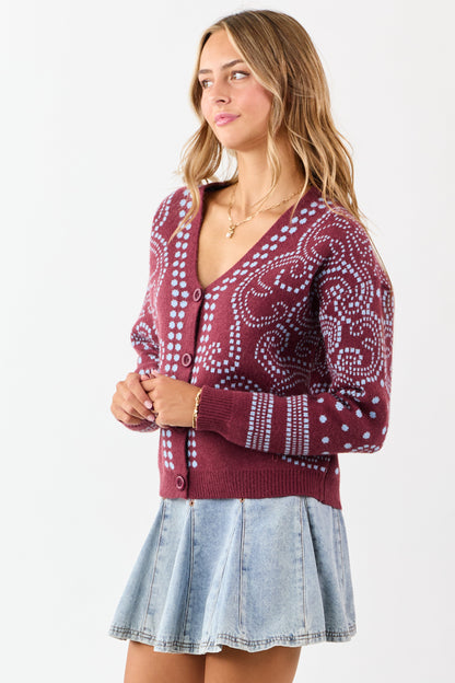 Berry Dot Art Damask Button Down Sweater Cardigan