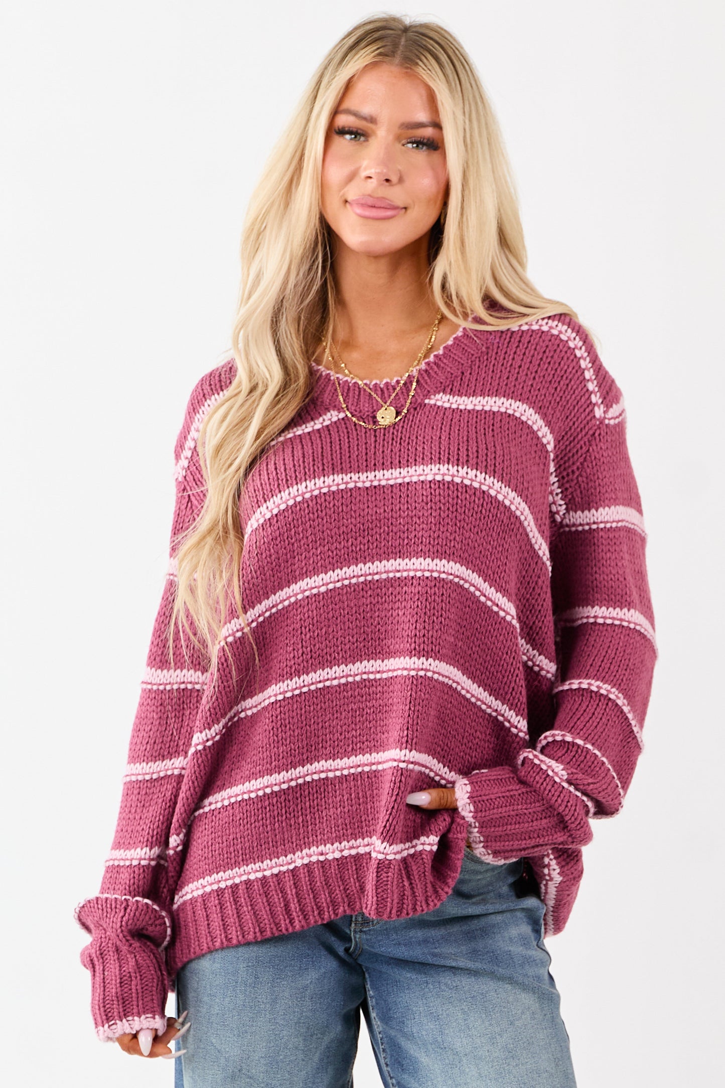 Berry Striped V-Neck Knit Pullover Sweater