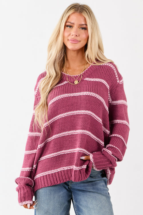 Berry Striped V-Neck Knit Pullover Sweater