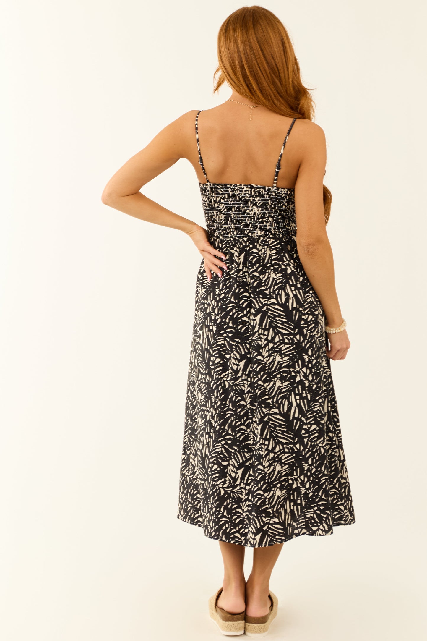 Black Abstract Leaf Print Ruched Midi Dress