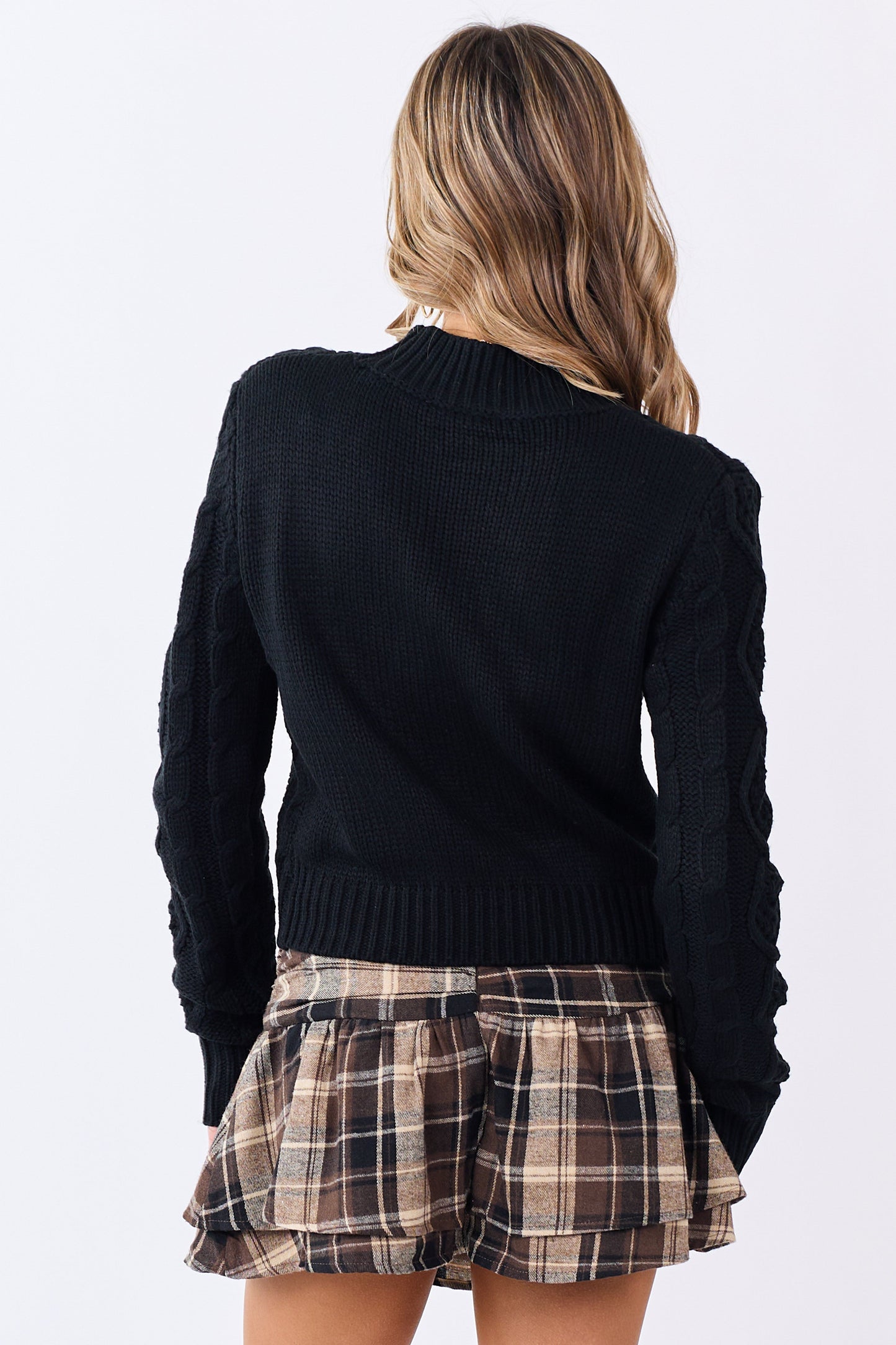 Black Cable Knit Cropped Mock Neck Sweater
