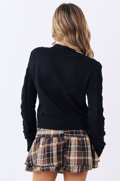Black Cable Knit Cropped Mock Neck Sweater