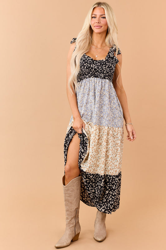 Black Colorblock Floral Smocked Bust Maxi Dress