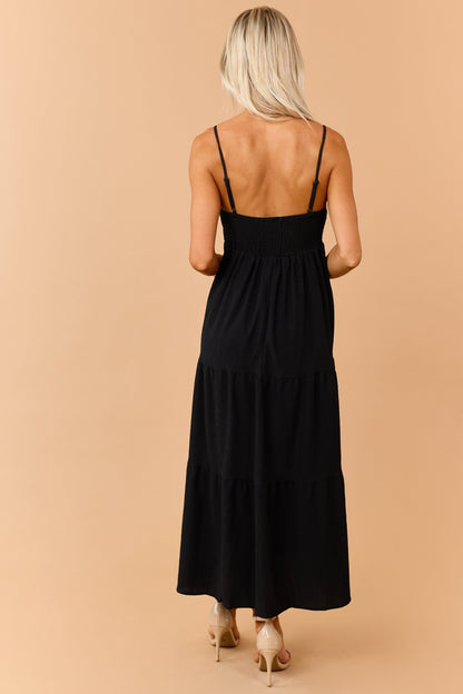 Black Crochet Bodice Tiered Maxi Dress