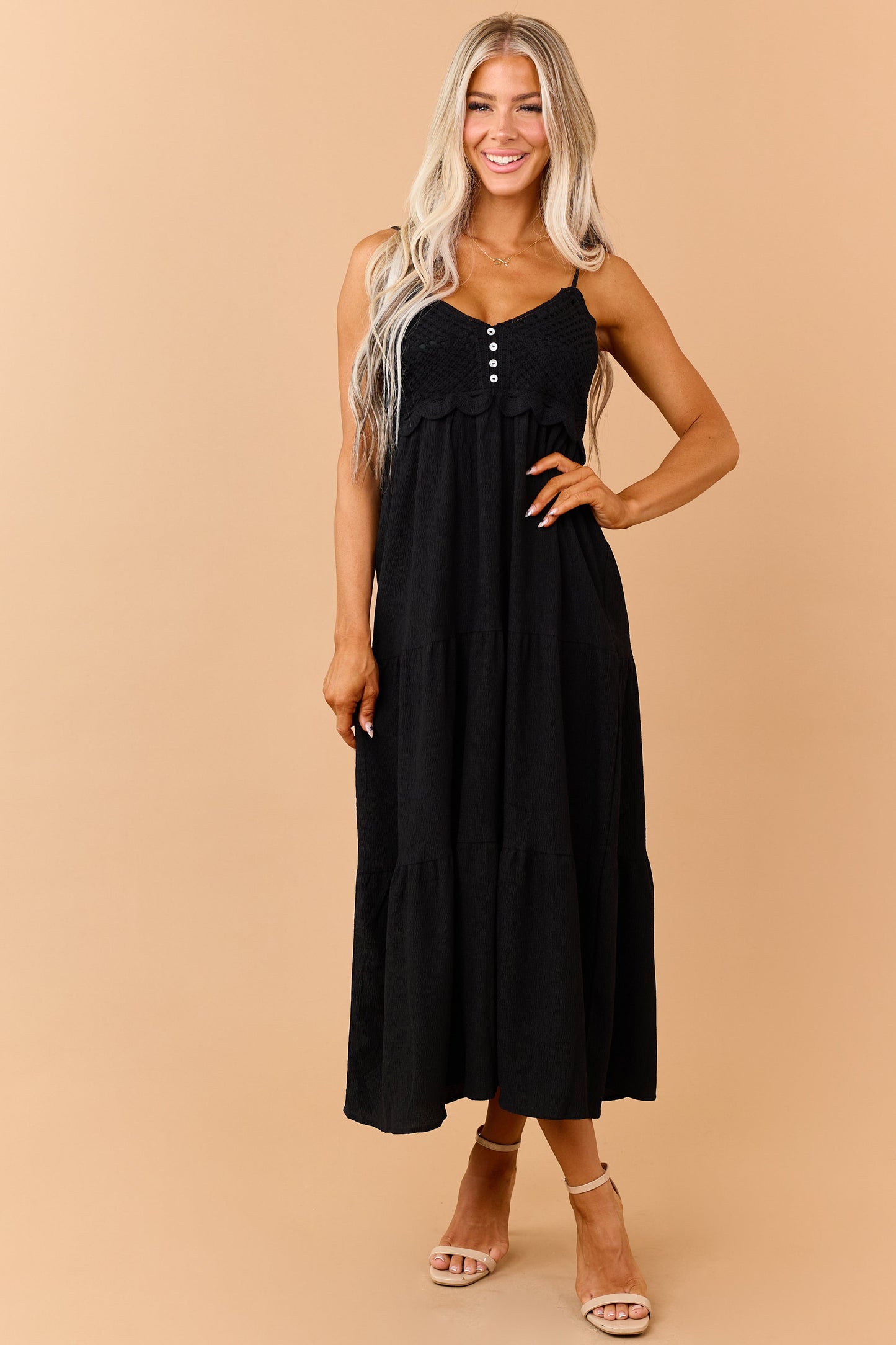 Black Crochet Bodice Tiered Maxi Dress