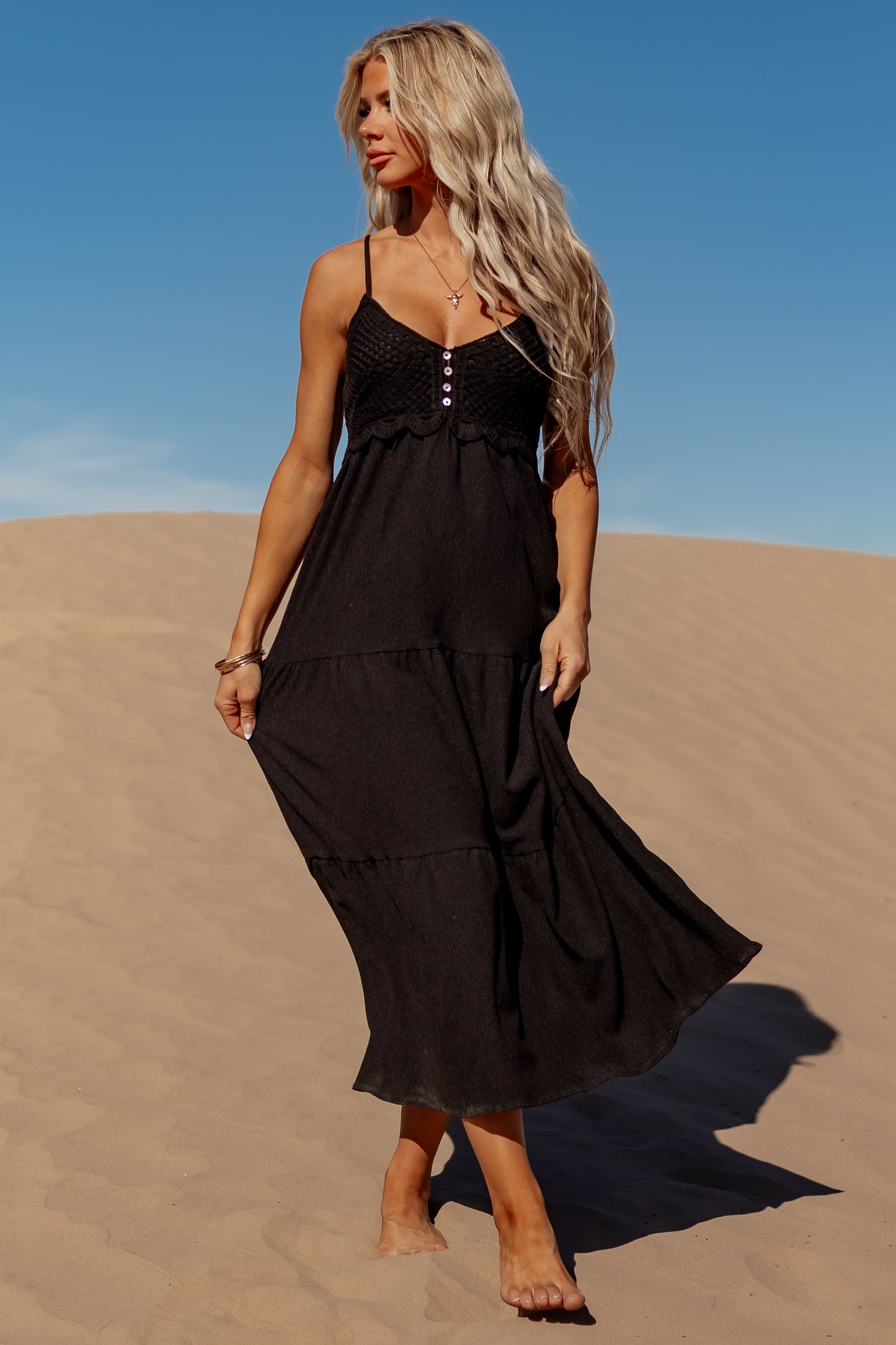 Black Crochet Bodice Tiered Maxi Dress