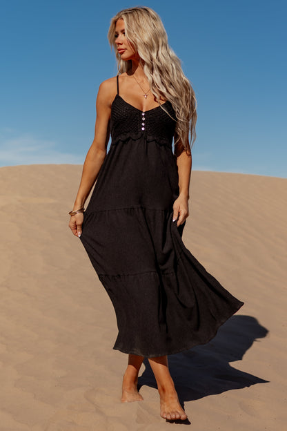 Black Crochet Bodice Tiered Maxi Dress