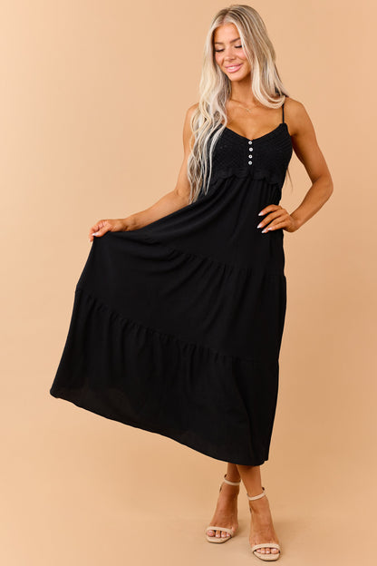 Black Crochet Bodice Tiered Maxi Dress