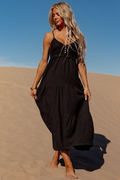 Black Crochet Bodice Tiered Maxi Dress