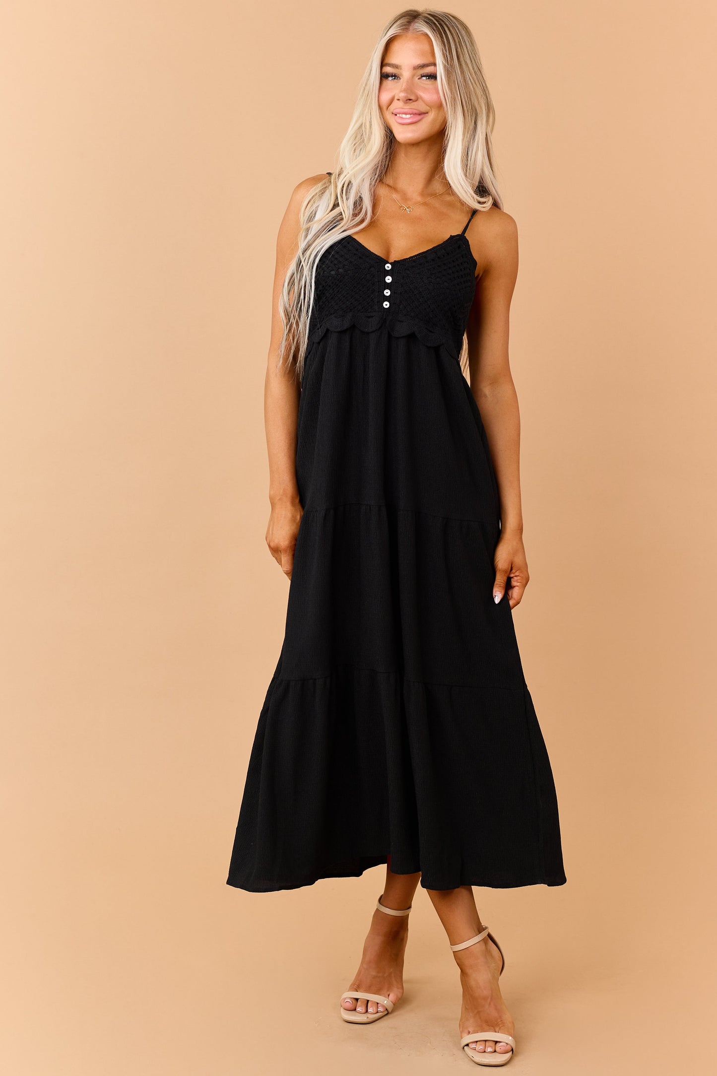 Black Crochet Bodice Tiered Maxi Dress