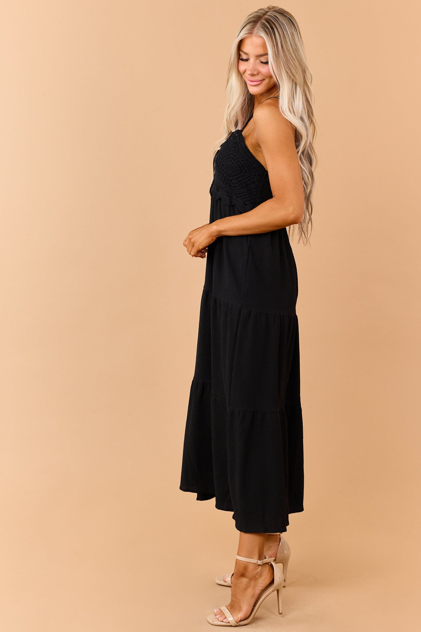 Black Crochet Bodice Tiered Maxi Dress