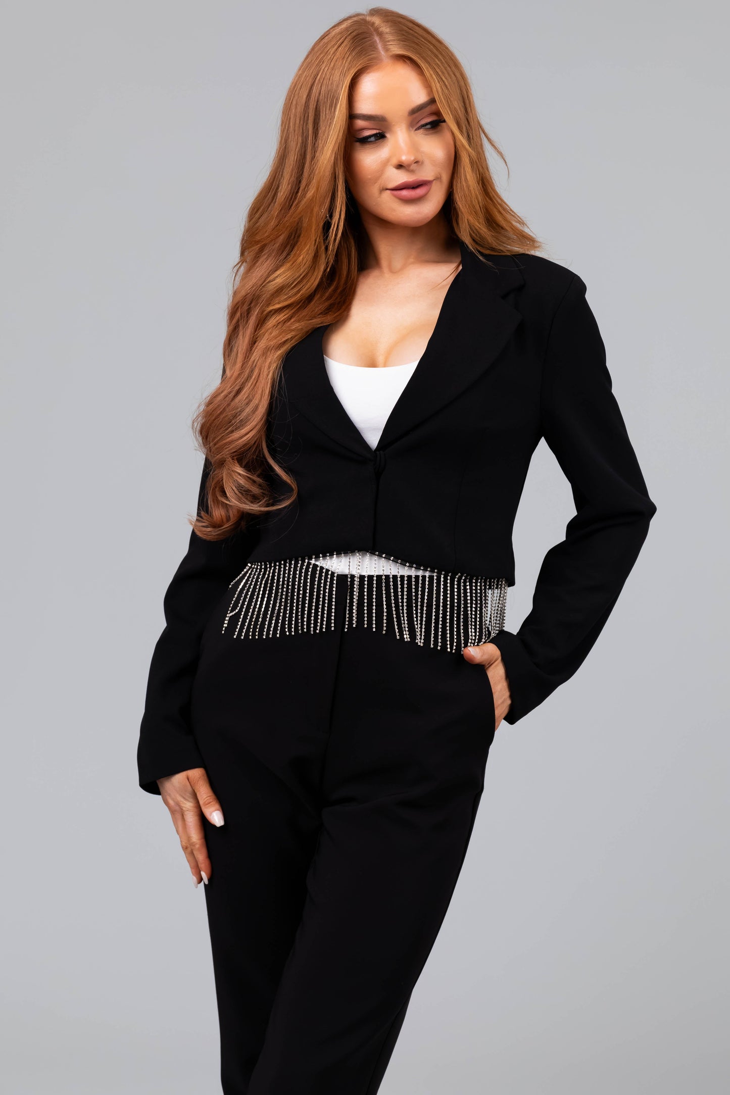Black Cropped Rhinestone Fringe Blazer