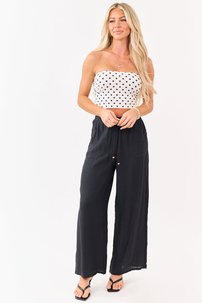 Black Elastic Waistband Wide Leg Flowy Pants