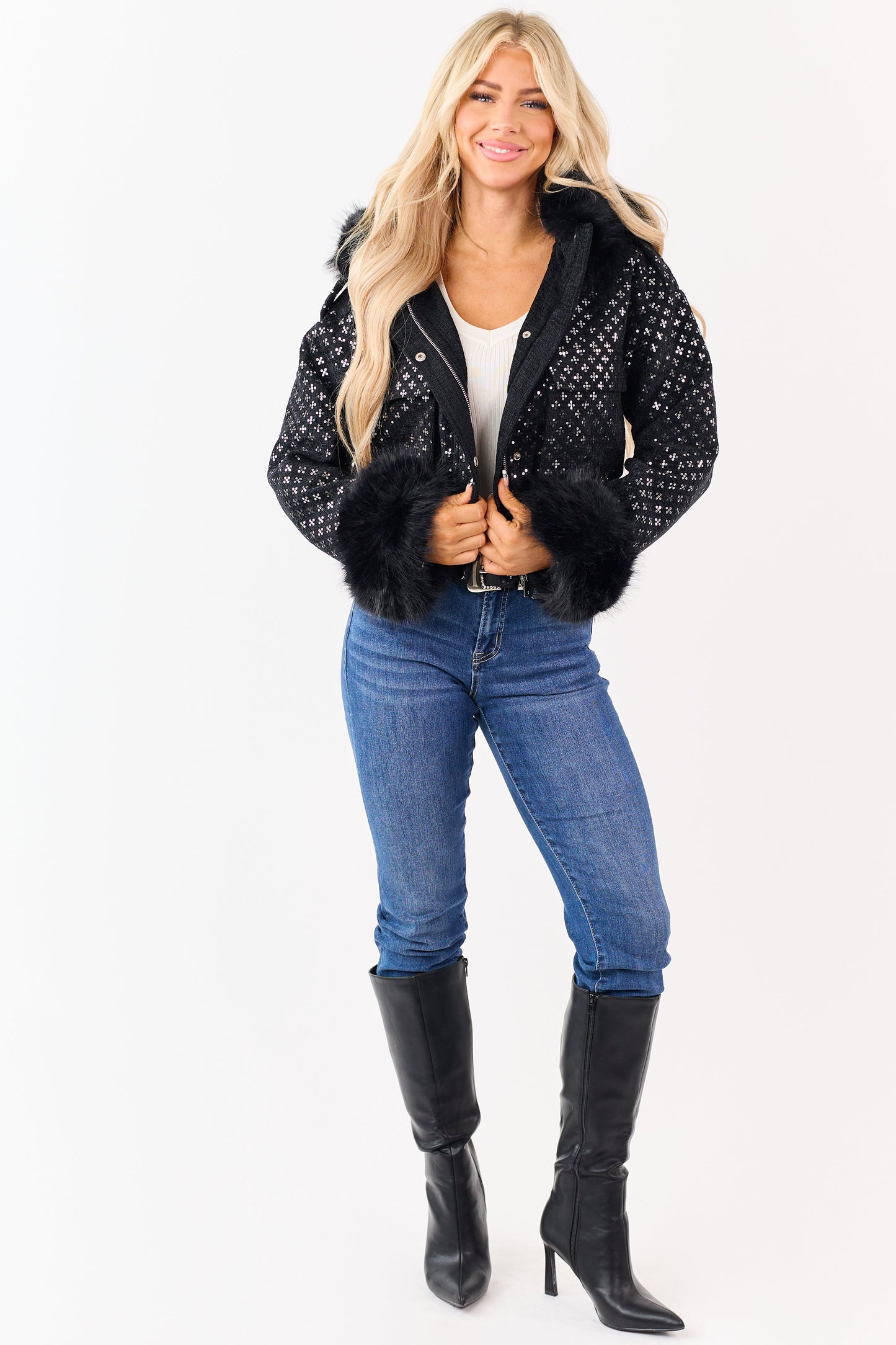 Black Faux Fur Trim Sequin Hooded Bomber Jacket