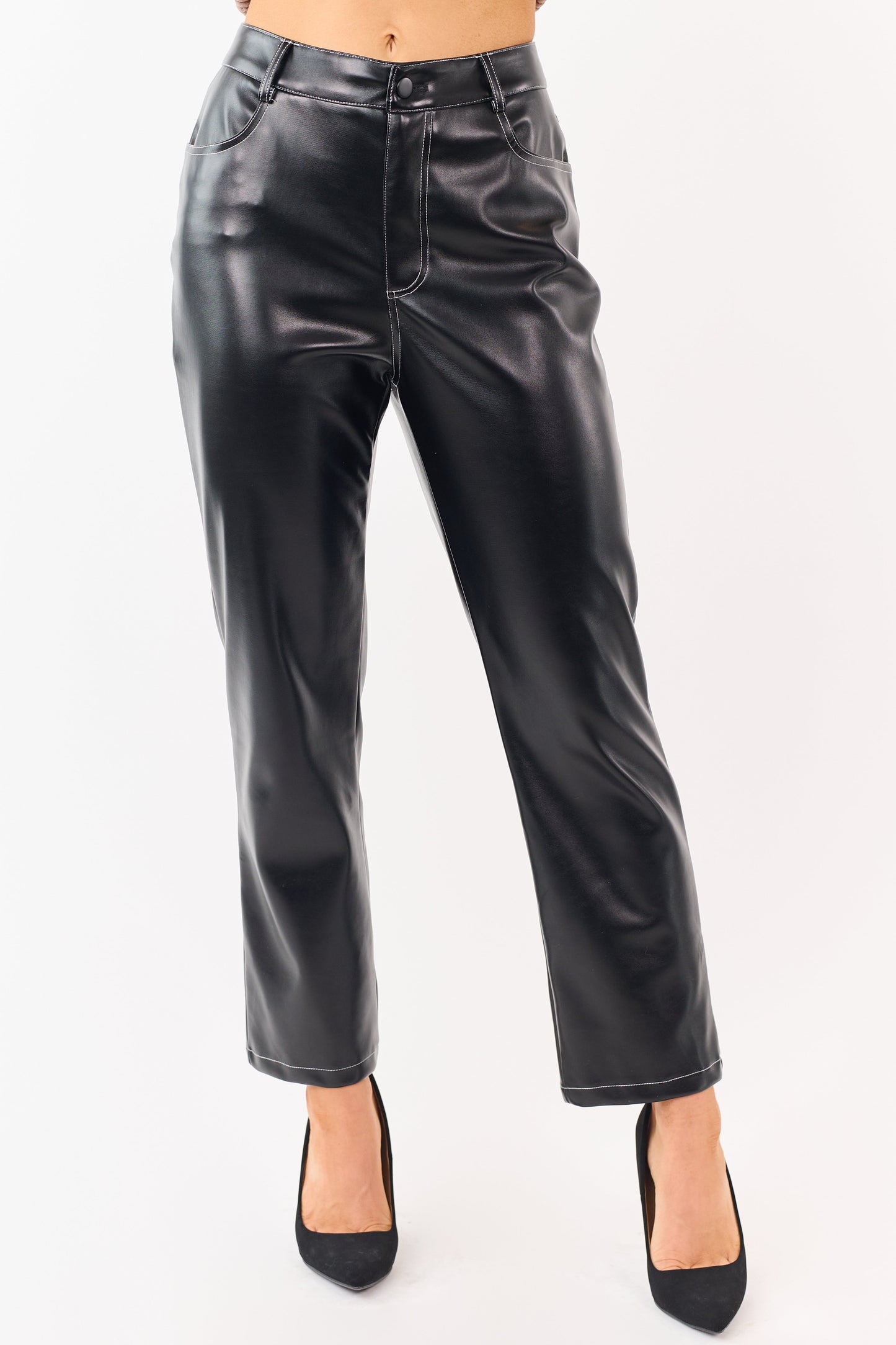 Black Faux Leather Contrast Stitch Straight Leg Pants
